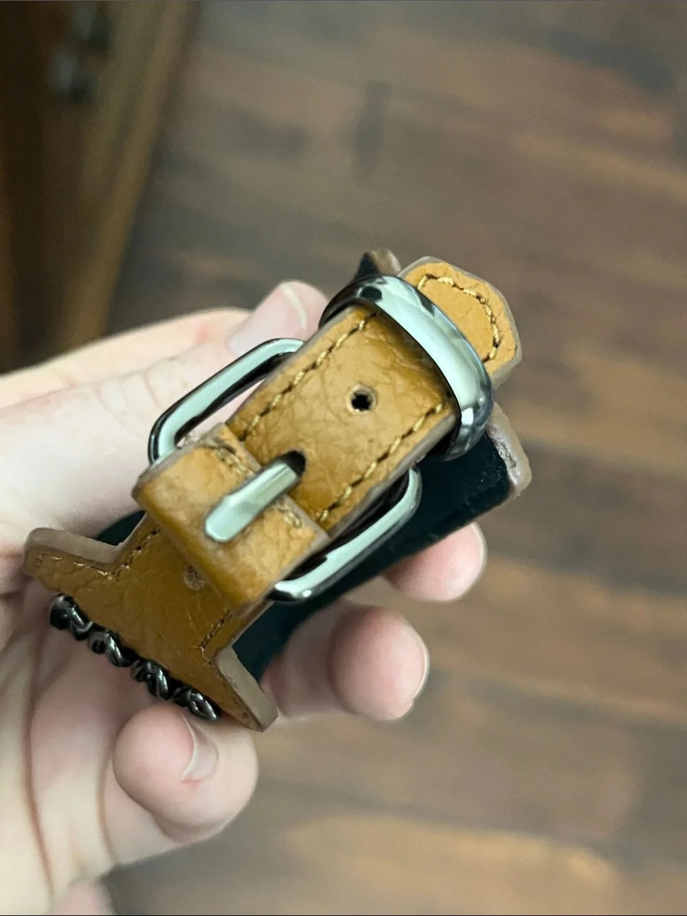 Brown Leather Chain-Accent Bracelet Cuff